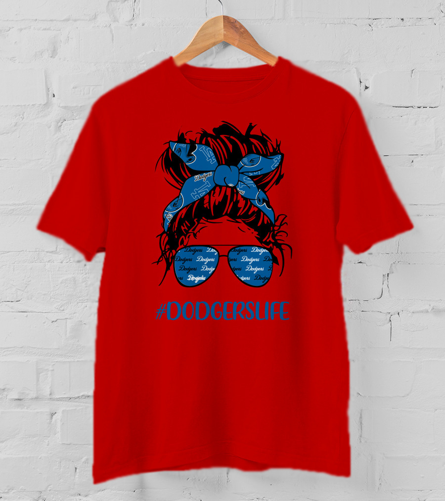 DODGERSLIFE Messy Bun Girl With Dodgers Headband And Glasses T-Shirt