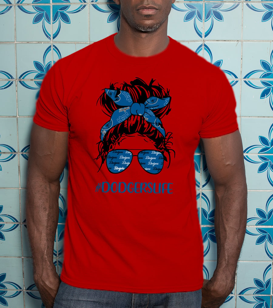 DODGERSLIFE Messy Bun Girl With Dodgers Headband And Glasses T-Shirt