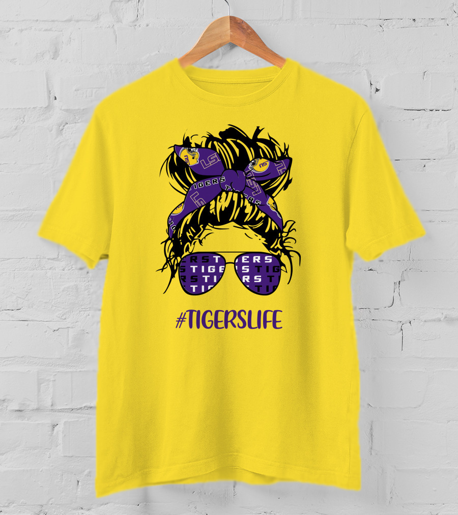TIGERSLIFE LSU Messy Bun Girl Headband Glasses T-Shirt