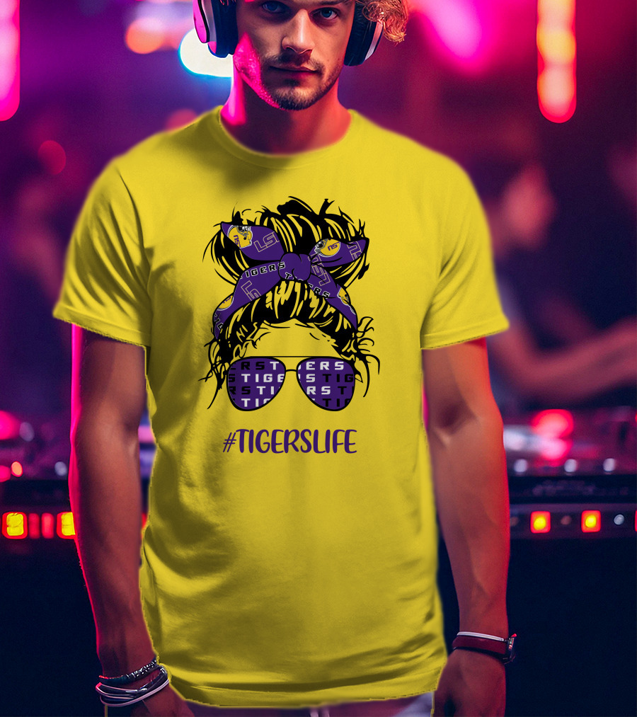 TIGERSLIFE LSU Messy Bun Girl Headband Glasses T-Shirt