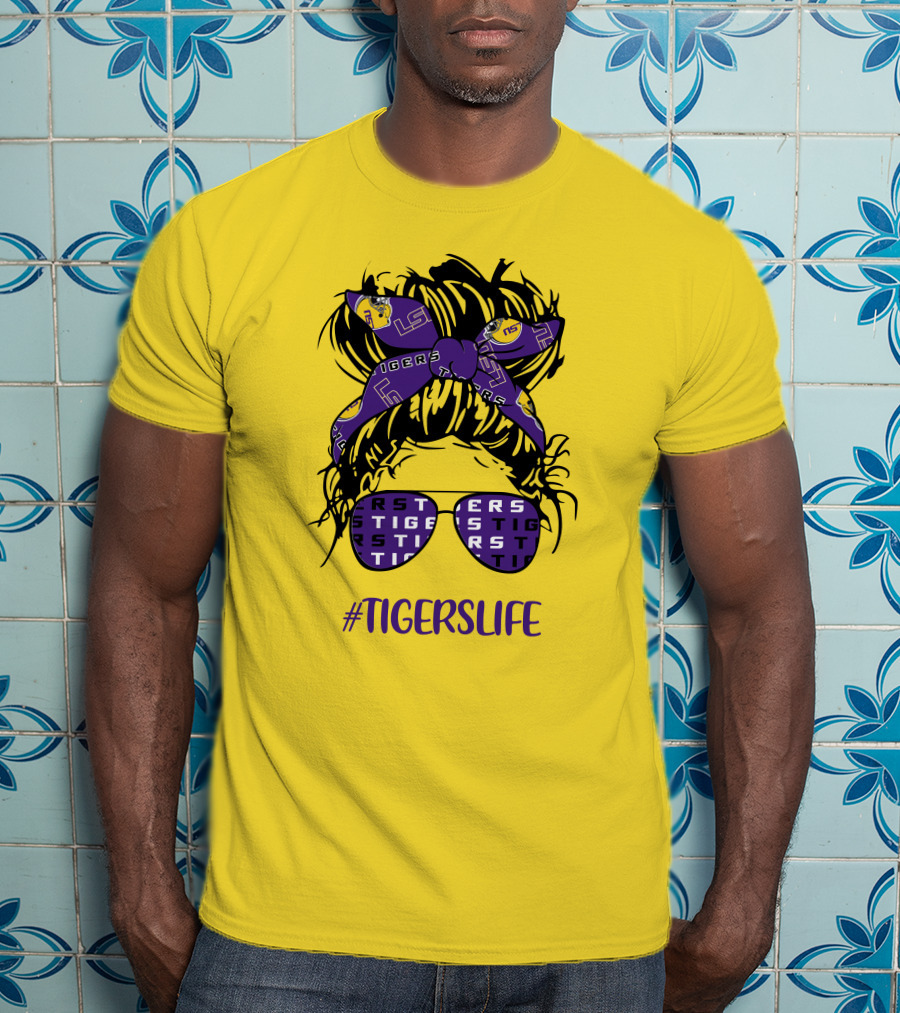 TIGERSLIFE LSU Messy Bun Girl Headband Glasses T-Shirt
