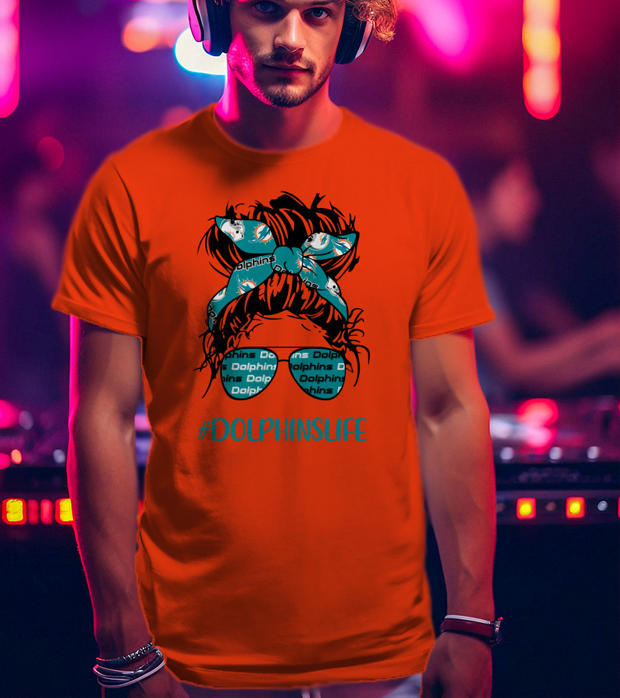 Miami Dolphins Life Messy Bun Girl Headband Glasses #DolphinsLife T-Shirt