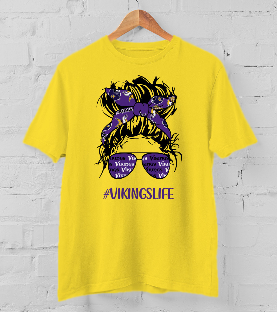 Vikings Life Messy Bun Girl Headband Glasses Minnesota Vikings T-Shirt