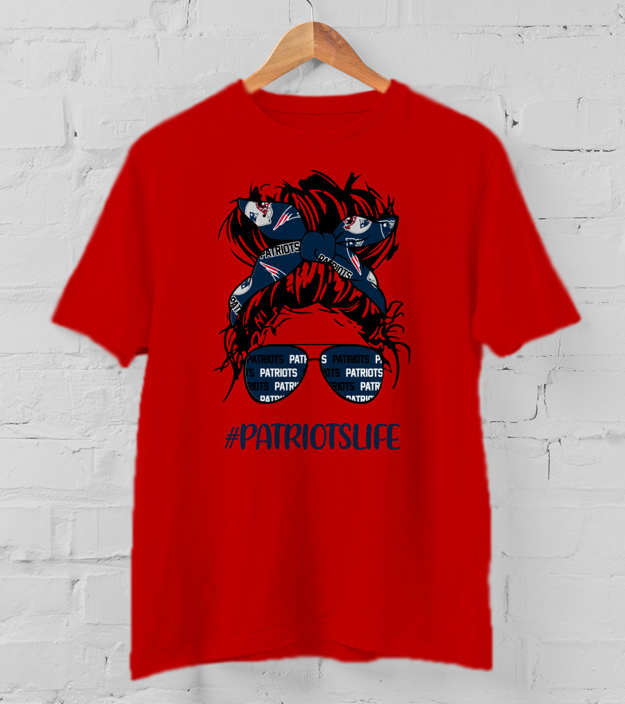 PATRIOTSLIFE New England Patriots Messy Bun Girl Headband Glasses T-Shirt