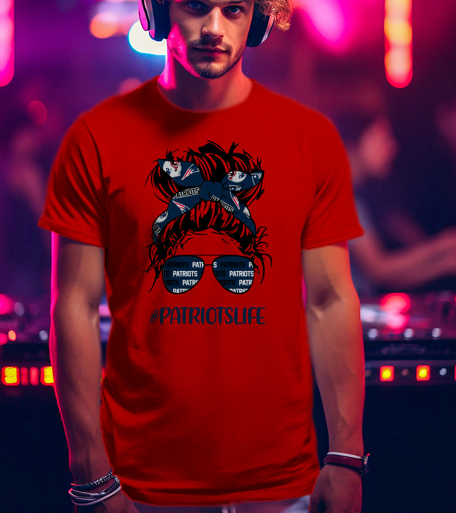 PATRIOTSLIFE New England Patriots Messy Bun Girl Headband Glasses T-Shirt