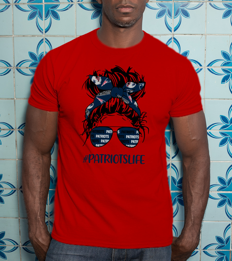 PATRIOTSLIFE New England Patriots Messy Bun Girl Headband Glasses T-Shirt