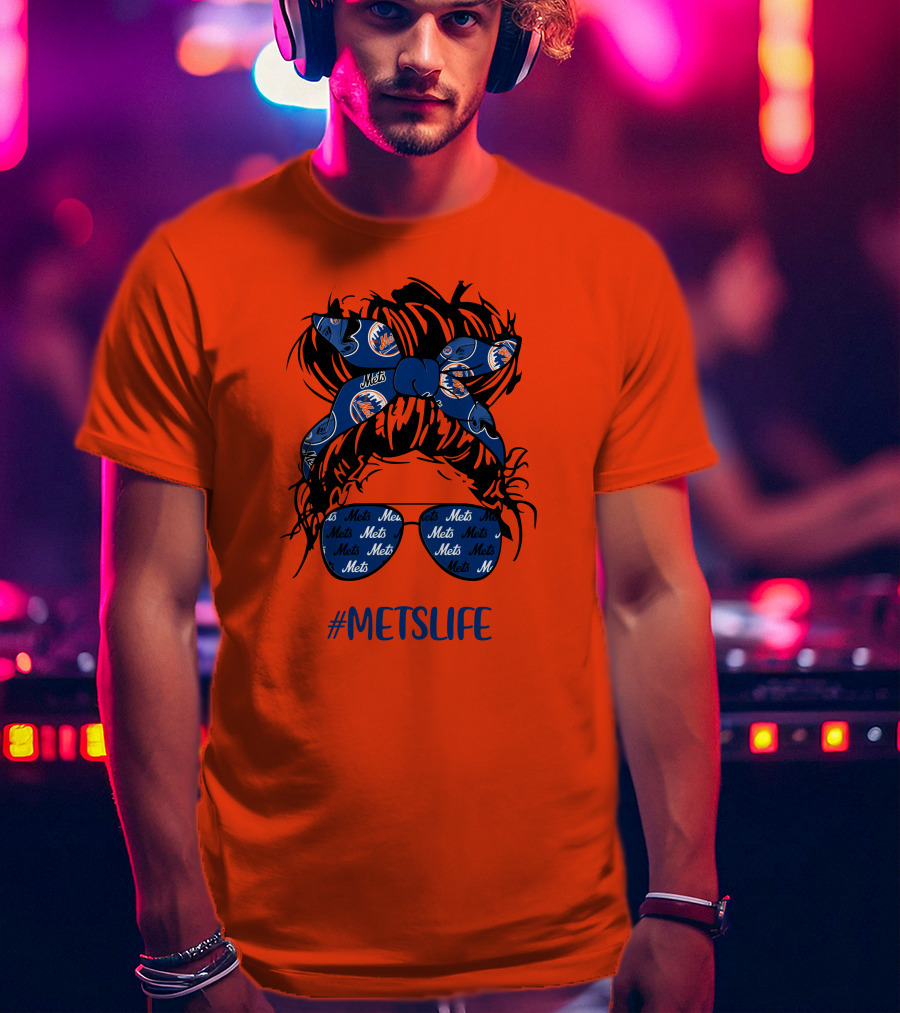 New York Mets Life Messy Bun Girl Headband Glasses #MetsLife T-Shirt