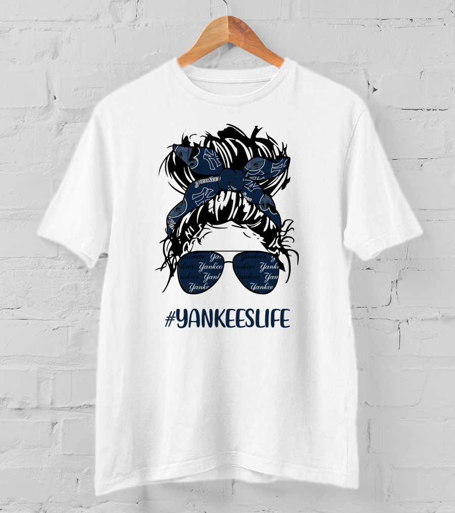 YANKEESLIFE Messy Bun Girl With Yankees Headband And Glasses T-Shirt