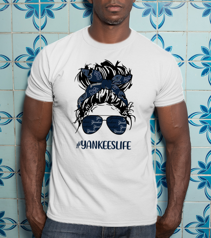 YANKEESLIFE Messy Bun Girl With Yankees Headband And Glasses T-Shirt