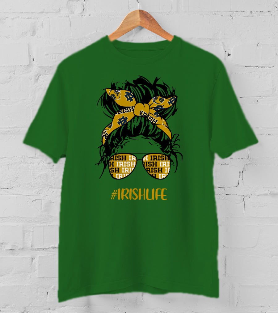 Notre Dame Fighting Irish Life Messy Bun Girl Headband Glasses #IrishLife T-Shirt