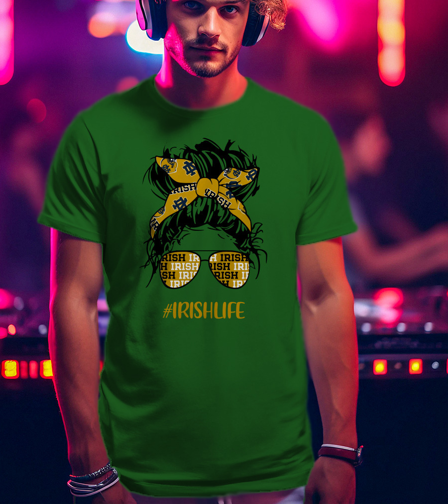 Notre Dame Fighting Irish Life Messy Bun Girl Headband Glasses #IrishLife T-Shirt