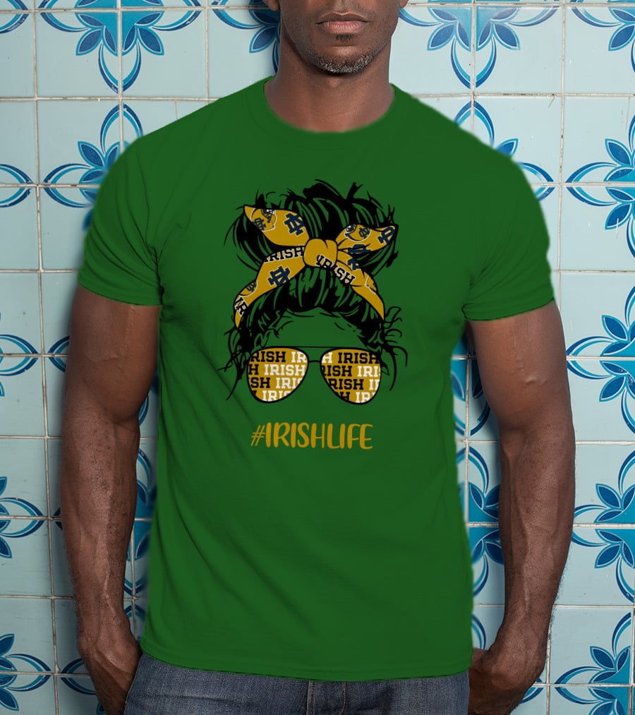 Notre Dame Fighting Irish Life Messy Bun Girl Headband Glasses #IrishLife T-Shirt