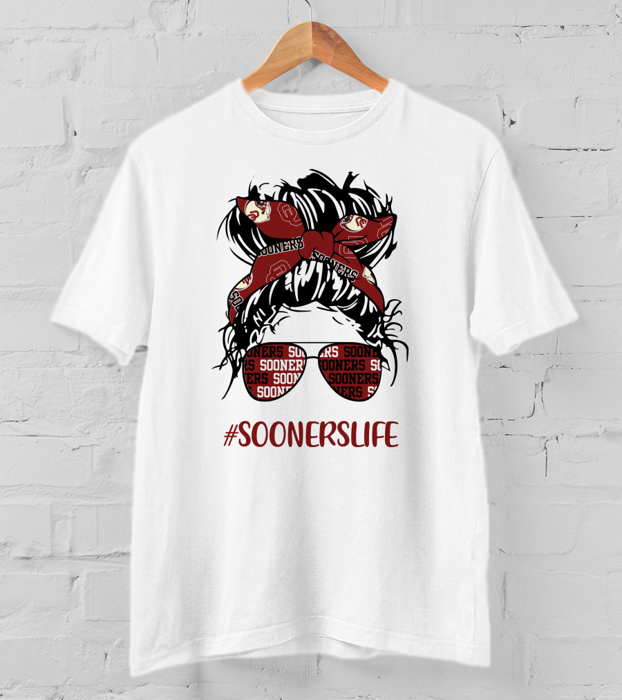 SoonersLife Messy Bun Girl Headband Glasses Oklahoma Sooners T-Shirt