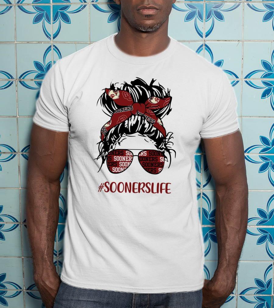 SoonersLife Messy Bun Girl Headband Glasses Oklahoma Sooners T-Shirt