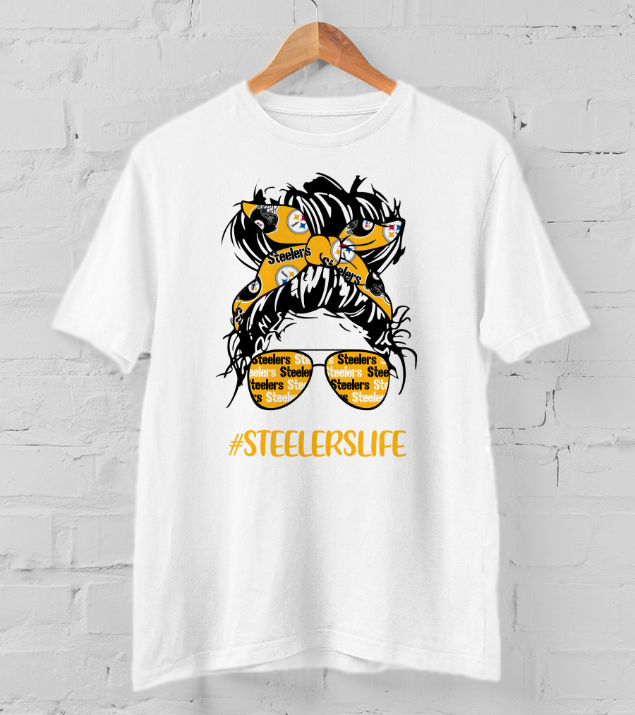 SteelersLife Messy Bun Girl With Steelers Headband And Glasses T-Shirt