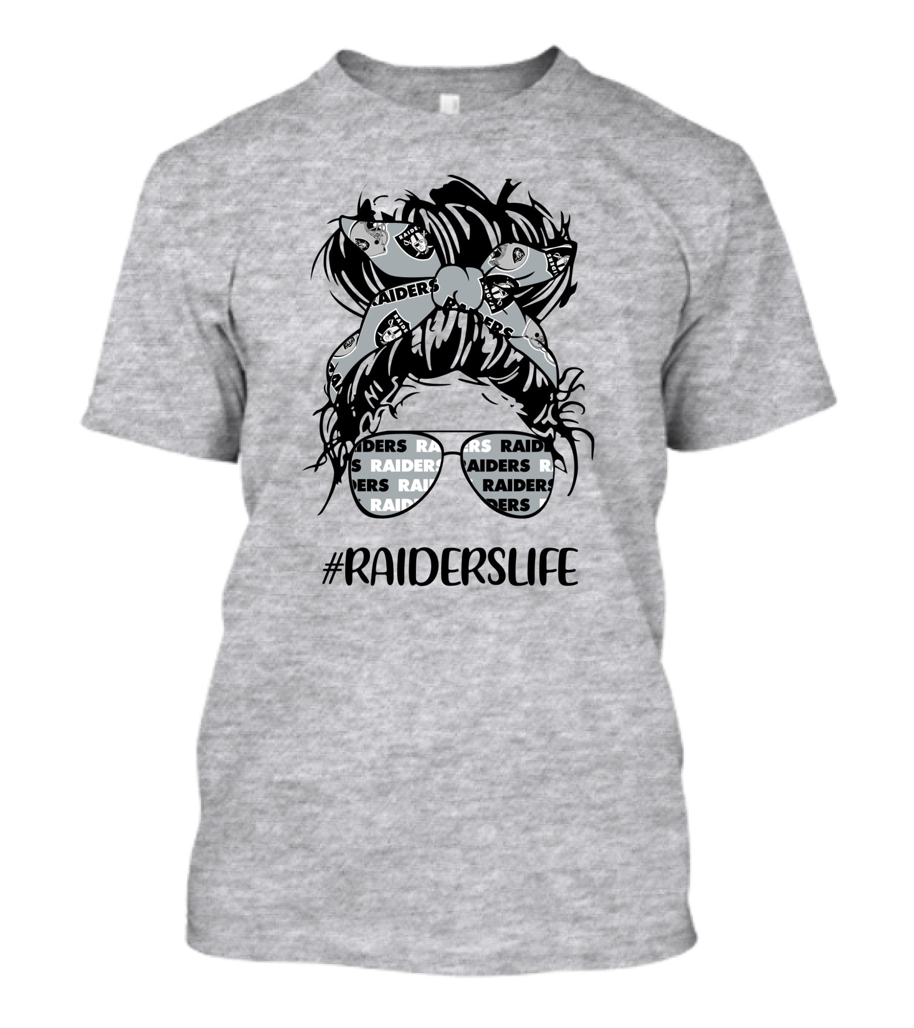 Raiderslife Messy Bun Girl With Raiders Headband Glasses Las Vegas Raiders T-Shirt