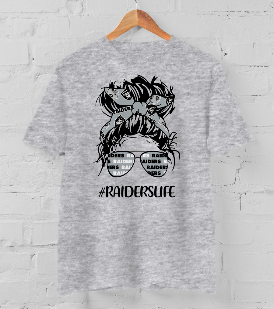 Raiderslife Messy Bun Girl With Raiders Headband Glasses Las Vegas Raiders T-Shirt