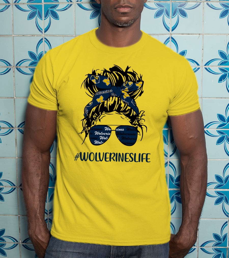 Michigan Wolverines Life Messy Bun Girl Headband Glasses Wolverines T-Shirt