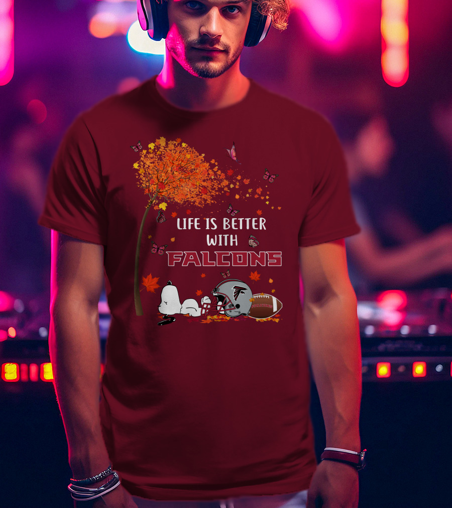 Life Is Better With Falcons Autumn Leaves Helmet Football Snoopy T-Shirt