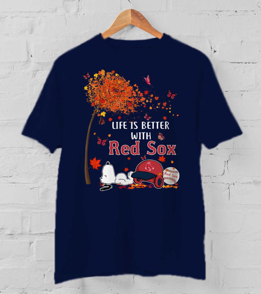 Life Is Better With Red Sox Tree Butterflies Baseball T-Shirt