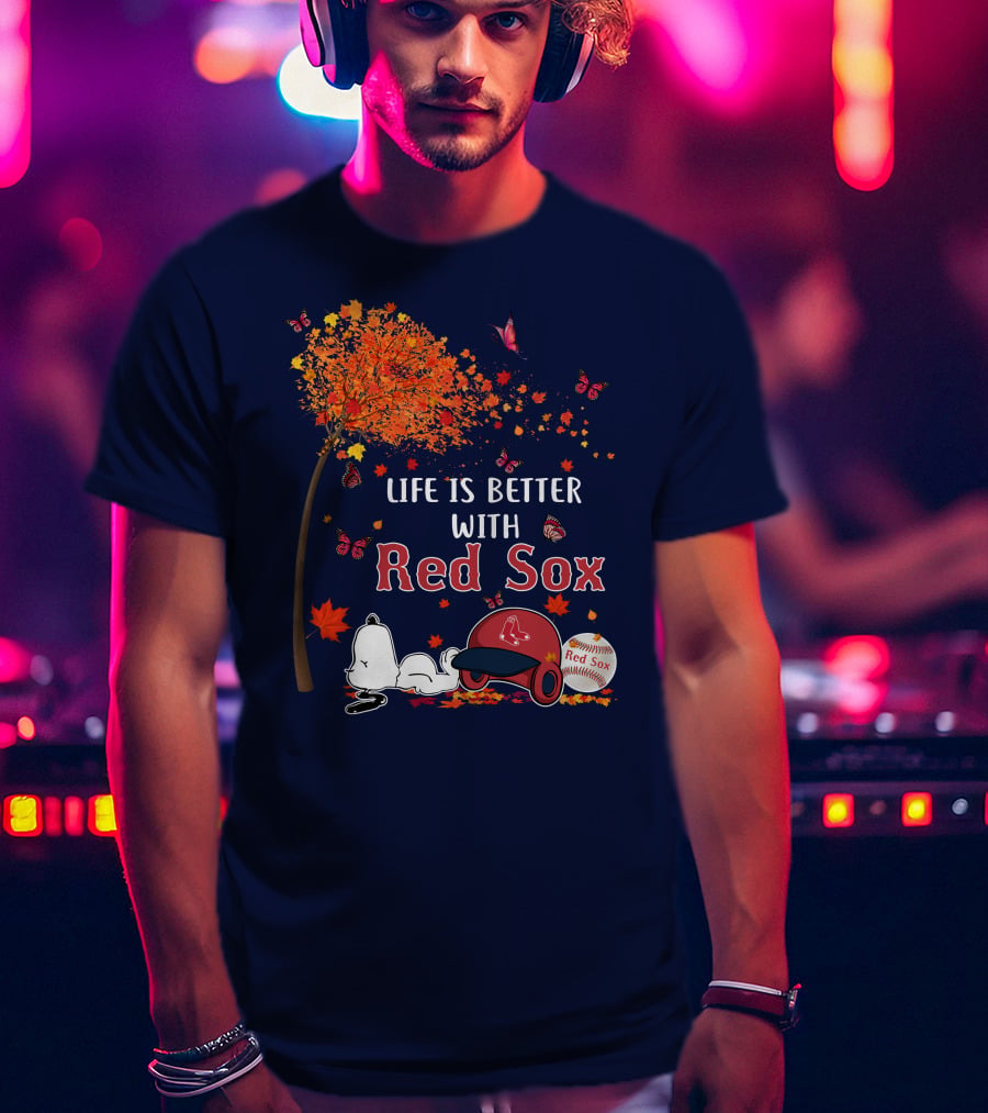 Life Is Better With Red Sox Tree Butterflies Baseball T-Shirt