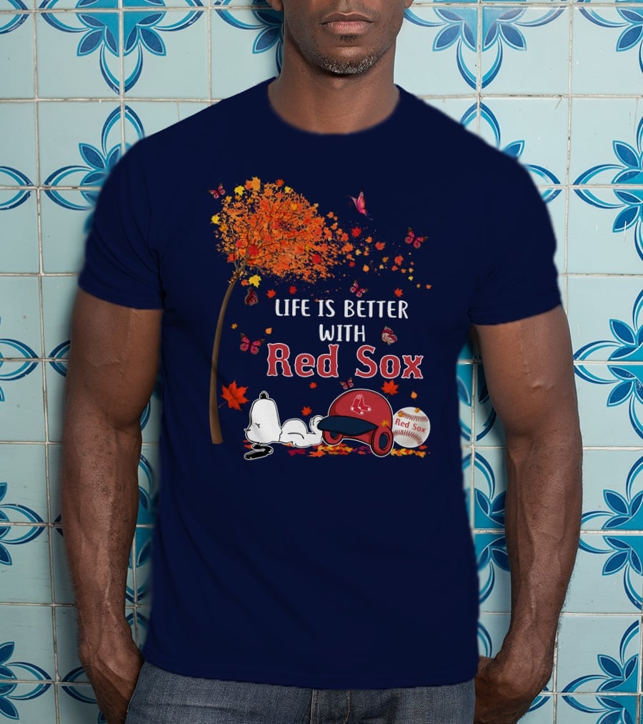 Life Is Better With Red Sox Tree Butterflies Baseball T-Shirt