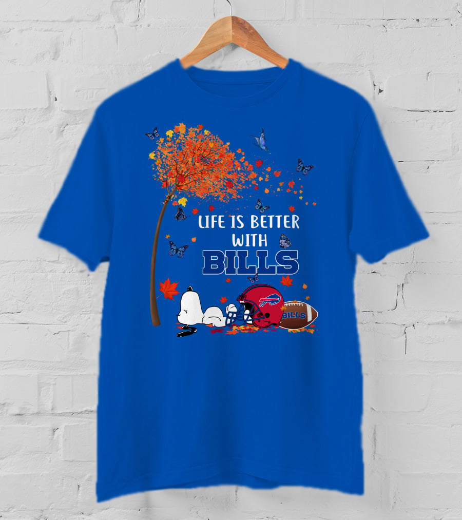 Life Is Better With Bills Buffalo Helmet And Football Under Autumn Tree With Snoopy And Butterflies T-Shirt