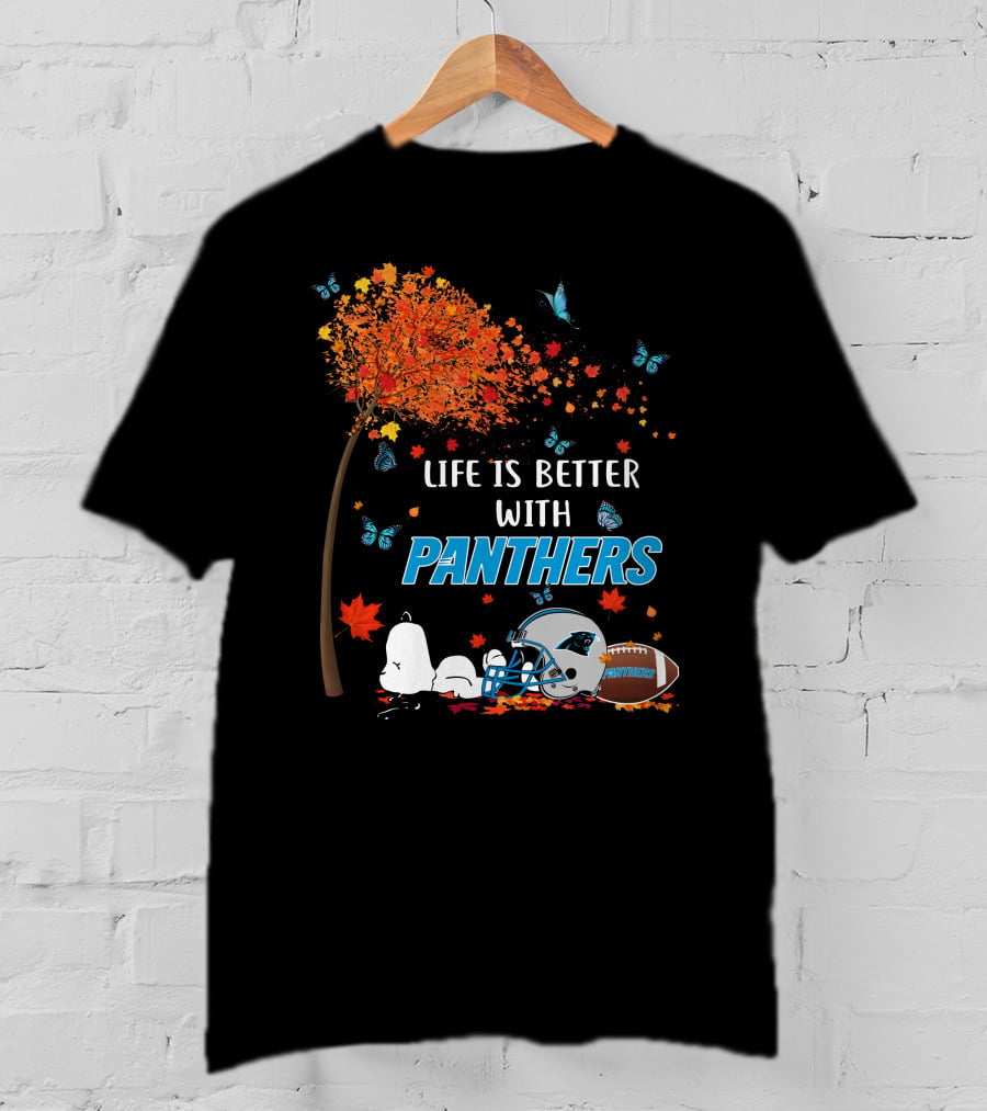 Life Is Better With Panthers Carolina Football Helmet And Autumn Leaves T-Shirt