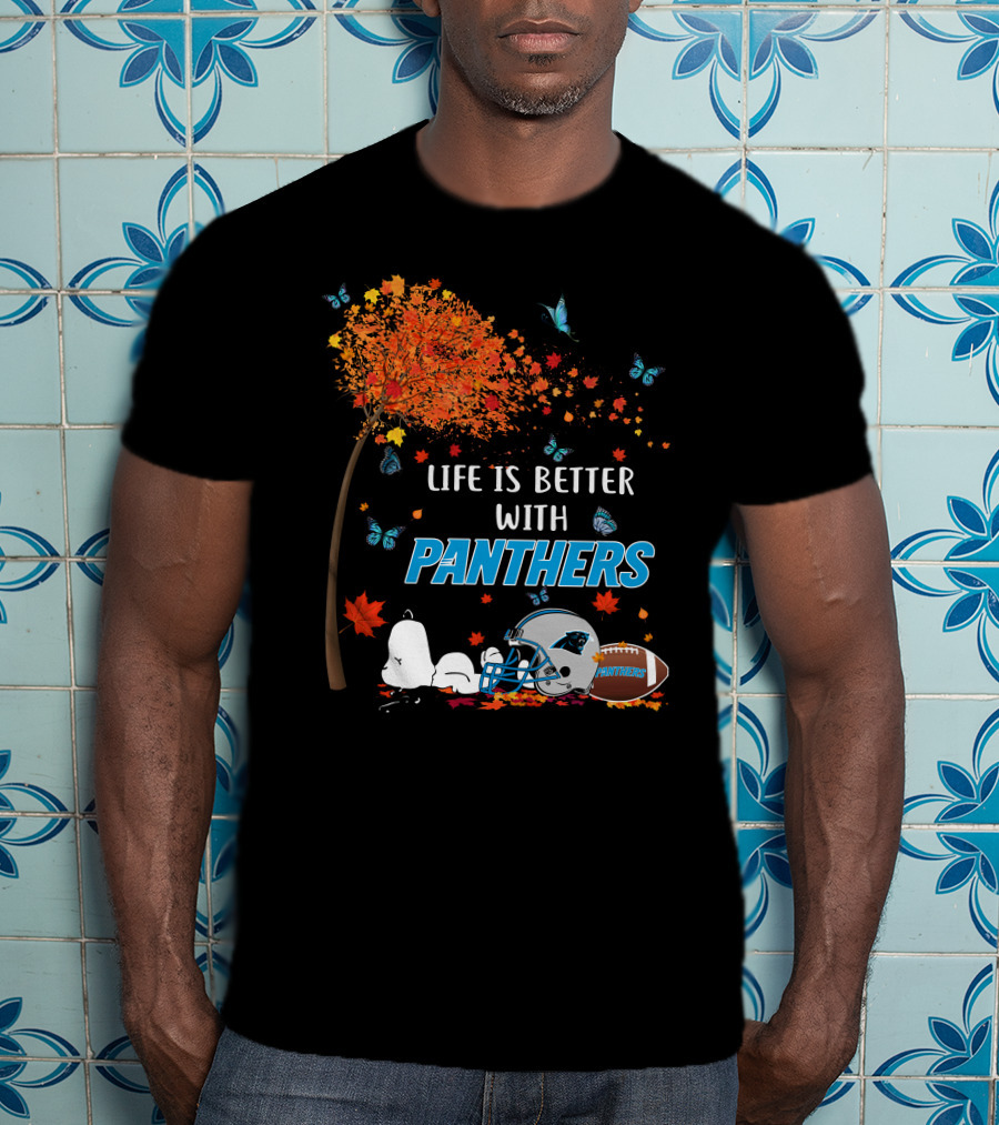 Life Is Better With Panthers Carolina Football Helmet And Autumn Leaves T-Shirt