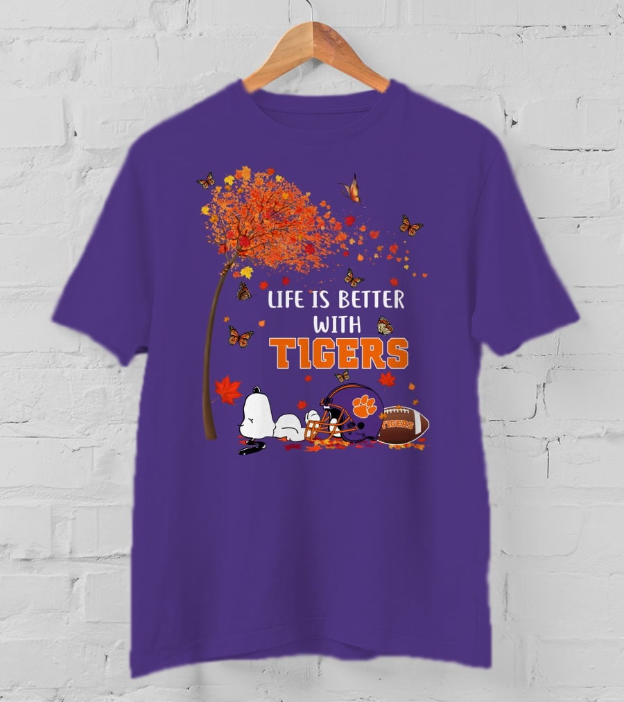 Life Is Better With Tigers Autumn Tree Snoopy Football Helmet Butterflies T-Shirt