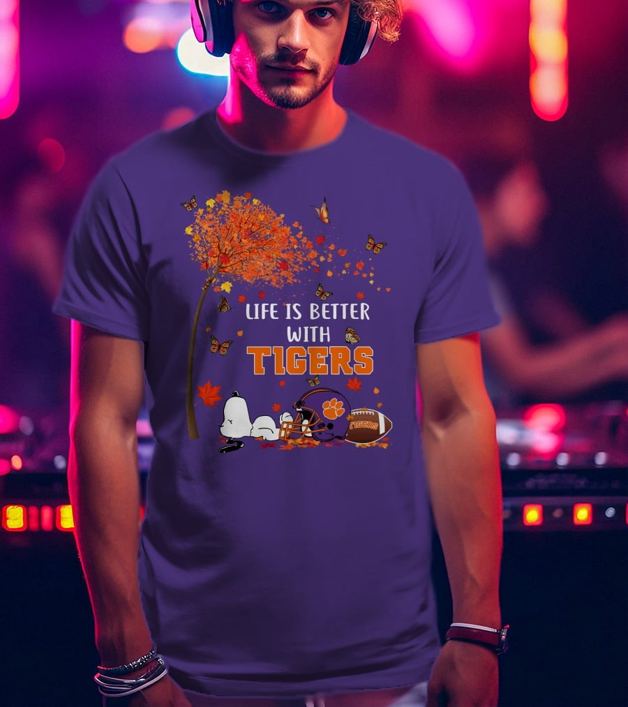 Life Is Better With Tigers Autumn Tree Snoopy Football Helmet Butterflies T-Shirt