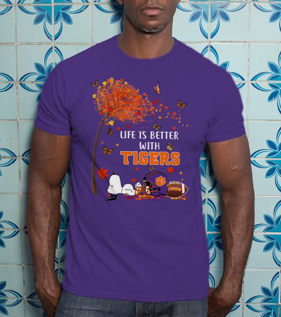 Life Is Better With Tigers Autumn Tree Snoopy Football Helmet Butterflies T-Shirt