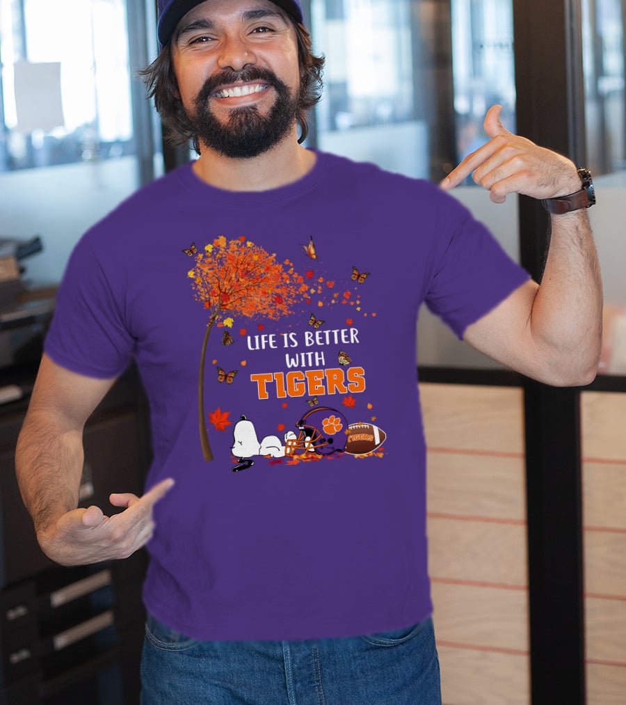 Life Is Better With Tigers Autumn Tree Snoopy Football Helmet Butterflies T-Shirt