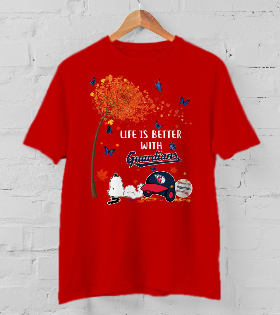 Life Is Better With Guardians Cleveland Guardians Baseball Autumn Tree Snoopy And Butterflies T-Shirt