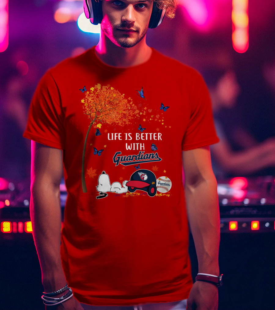 Life Is Better With Guardians Cleveland Guardians Baseball Autumn Tree Snoopy And Butterflies T-Shirt
