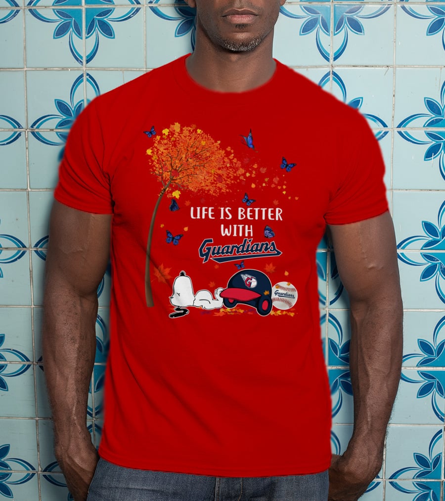 Life Is Better With Guardians Cleveland Guardians Baseball Autumn Tree Snoopy And Butterflies T-Shirt