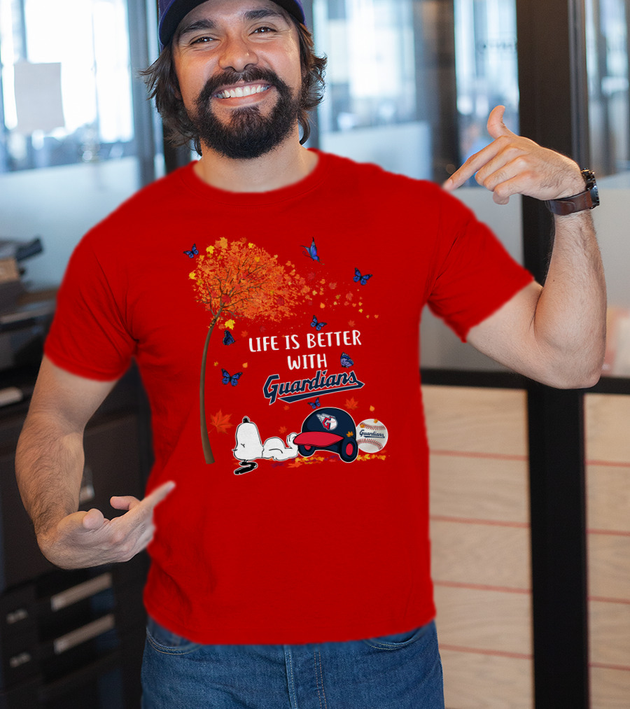 Life Is Better With Guardians Cleveland Guardians Baseball Autumn Tree Snoopy And Butterflies T-Shirt