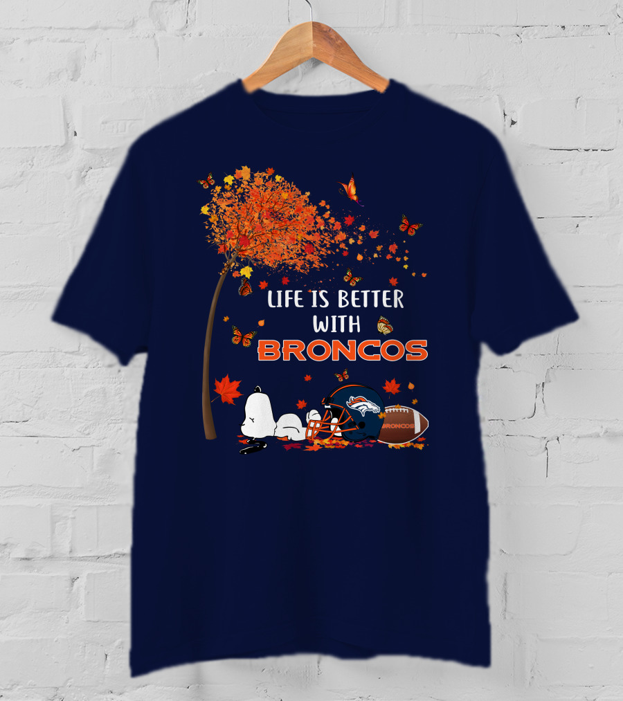 Life Is Better With Broncos Tree Butterflies Helmet Football T-Shirt