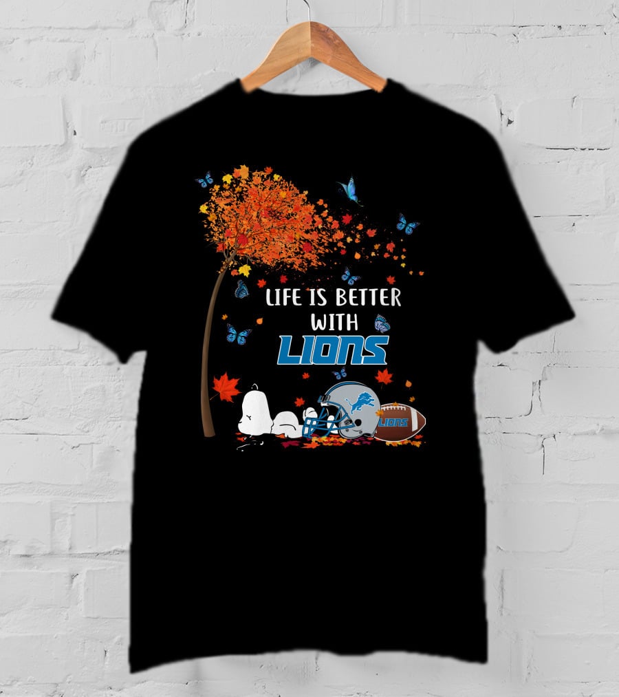 Life Is Better With Detroit Lions Autumn Leaves Football Helmet Snoopy Woodstock T-Shirt