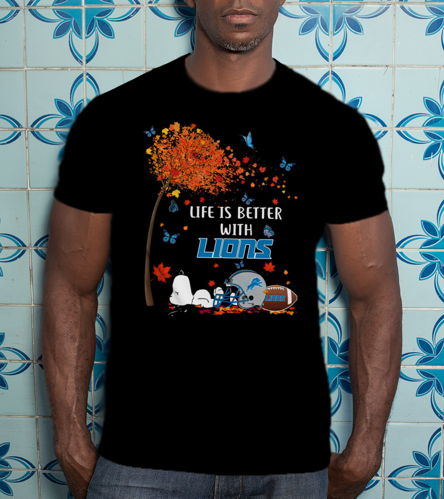 Life Is Better With Detroit Lions Autumn Leaves Football Helmet Snoopy Woodstock T-Shirt