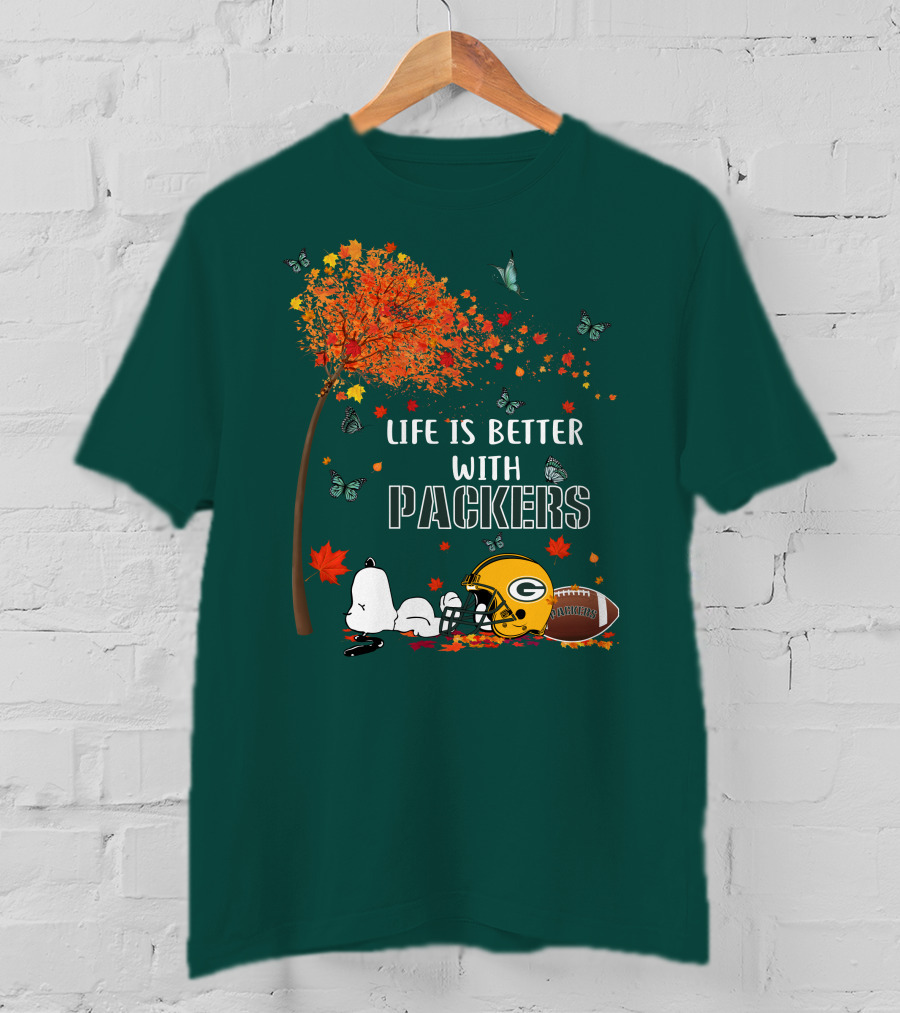 Life Is Better With Packers Green Bay Football Autumn Snoopy Leaves T-Shirt