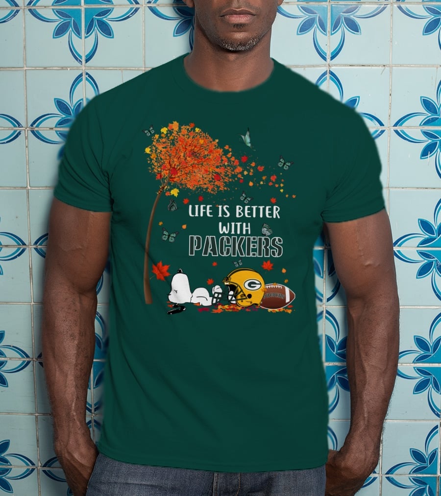 Life Is Better With Packers Green Bay Football Autumn Snoopy Leaves T-Shirt