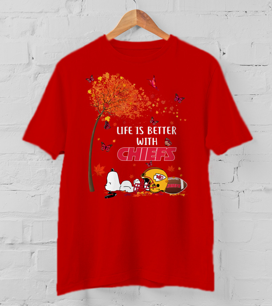 Life Is Better With Chiefs Fall Football Theme Snoopy And Butterflies T-Shirt