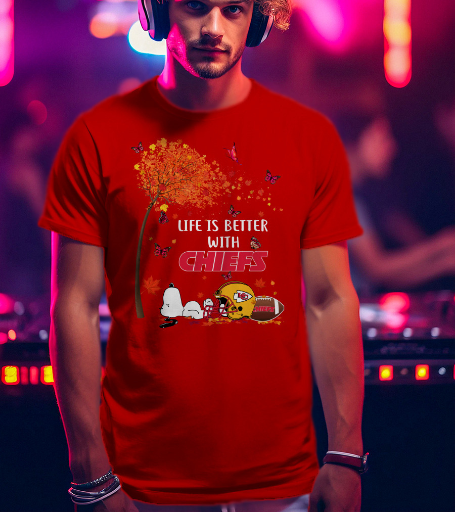 Life Is Better With Chiefs Fall Football Theme Snoopy And Butterflies T-Shirt