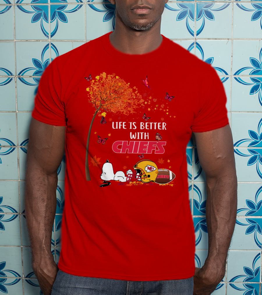 Life Is Better With Chiefs Fall Football Theme Snoopy And Butterflies T-Shirt