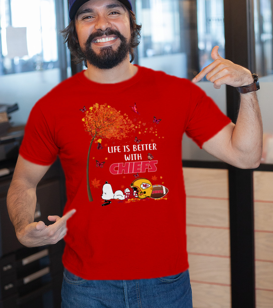 Life Is Better With Chiefs Fall Football Theme Snoopy And Butterflies T-Shirt