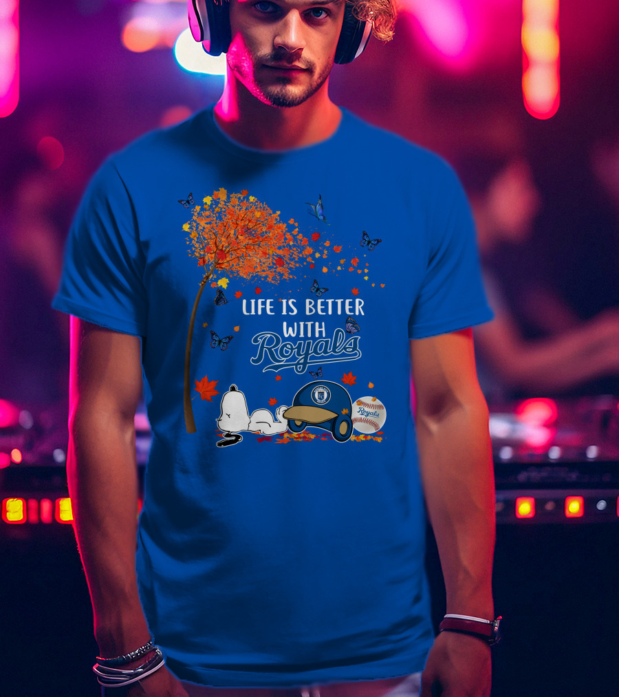 Life Is Better With Royals Baseball Helmet Autumn Leaves Snoopy And Butterfly T-Shirt
