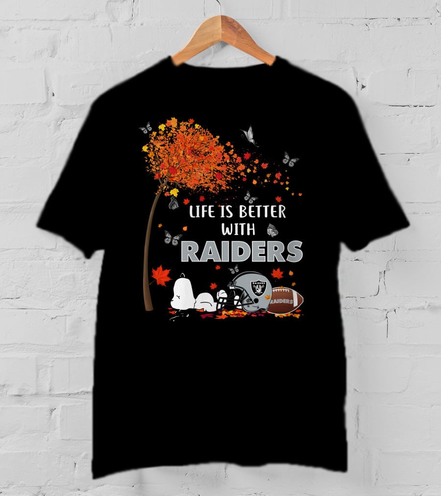 Life Is Better With Raiders Autumn Leaves And Snoopy Under Tree With Butterfly And Football Helmet T-Shirt