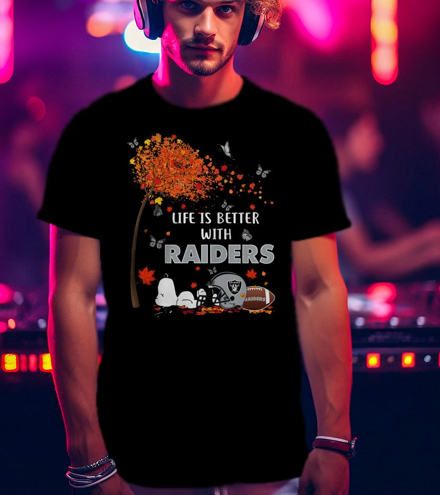 Life Is Better With Raiders Autumn Leaves And Snoopy Under Tree With Butterfly And Football Helmet T-Shirt