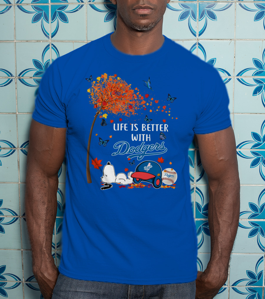 Life Is Better With Dodgers Autumn Leaves Snoopy Baseball Cap And Ball T-Shirt